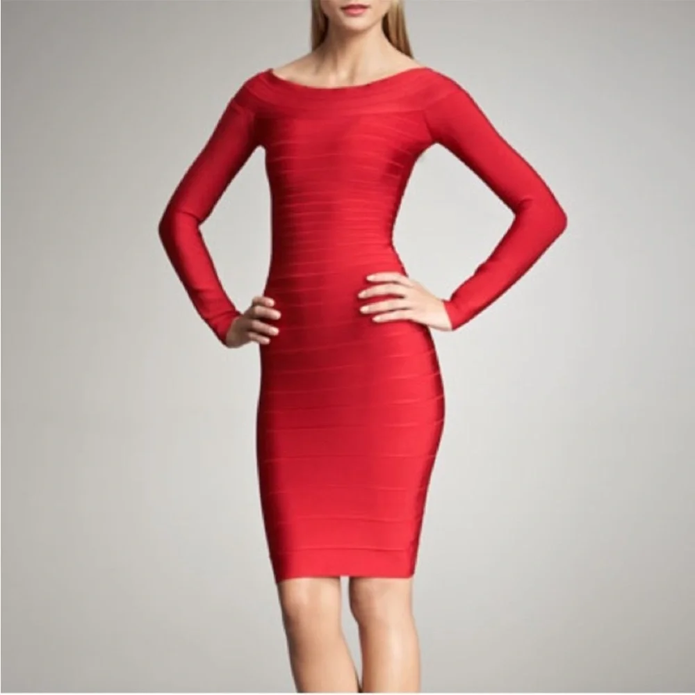 Hervé Léger “Renny” Long-Sleeve Off-Shoulder Bandage Dress – Red – XS - Picture 1 of 7